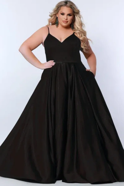 Sydney's Closet Satin A-line V-neck Plus Size Evening Gown In Black