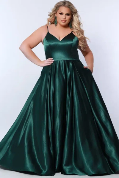 Sydney's Closet Satin A-line V-neck Plus Size Evening Gown In Forest