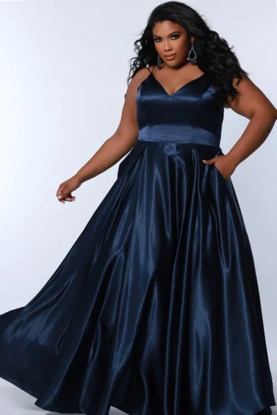 Sydney's Closet Satin A-line V-neck Plus Size Evening Gown In Navy