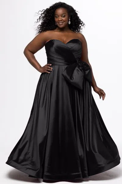 Sydney's Closet Satin A-line Curvy Formal Dress With Detachable Bow In Black