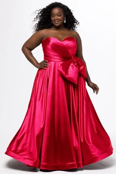 Sydney's Closet Satin A-line Curvy Formal Dress With Detachable Bow In Pink