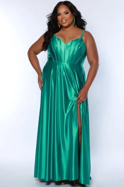 Sydney's Closet Satin Corset Bodice Plus Size A-line Gown In Kelly Green