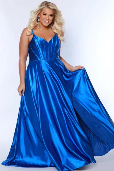 Sydney's Closet Satin Corset Bodice Plus Size A-line Gown In Royal