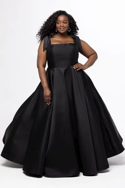 Sydney's Closet Satin Plus Size A-line Formal Gown With Bows In Black