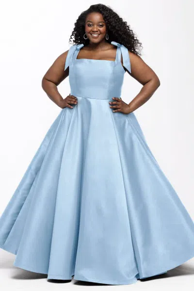 Sydney's Closet Satin Plus Size A-line Formal Gown With Bows In Blue