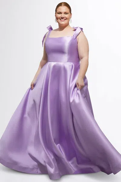 Sydney's Closet Satin Plus Size A-line Formal Gown With Bows In Purple