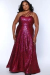 Sydney's Closet Sequin A-line One-shoulder Plus Size Gown In Magenta