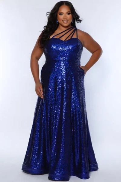 Sydney's Closet Sequin A-line One-shoulder Plus Size Gown In Sapphire