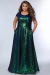 Sydney's Closet Sequin A-line Scoop Neck Cap Sleeve Plus Size Gown In Peacock