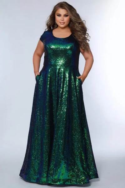 Sydney's Closet Sequin A-line Scoop Neck Cap Sleeve Plus Size Gown In Peacock