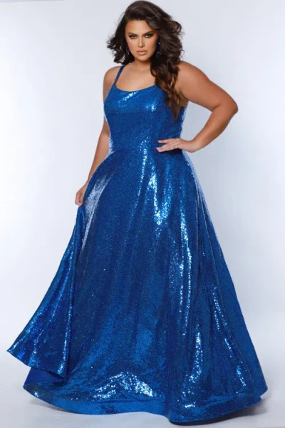 Sydney's Closet Sequin Scoop Neckline Plus Size A-line Gown In Cobalt