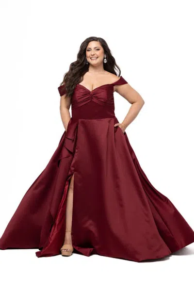 Sydney's Closet Simple Satin Plus Size A-line Dress With Slit In Burgundy