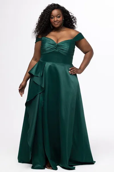 Sydney's Closet Simple Satin Plus Size A-line Dress With Slit In Forest