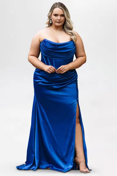 Sydney's Closet Slim Satin Curvy Prom Dress With Corset Boning In Cobalt