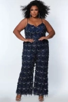 Sydney's Closet Spaghetti Strap Sequin Fringe Plus Size Jumpsuit In Navy