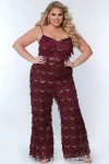 Sydney's Closet Spaghetti Strap Sequin Fringe Plus Size Jumpsuit In Sangria