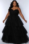 Sydney's Closet Spaghetti Strap Teired Plus Size Ballgown In Black