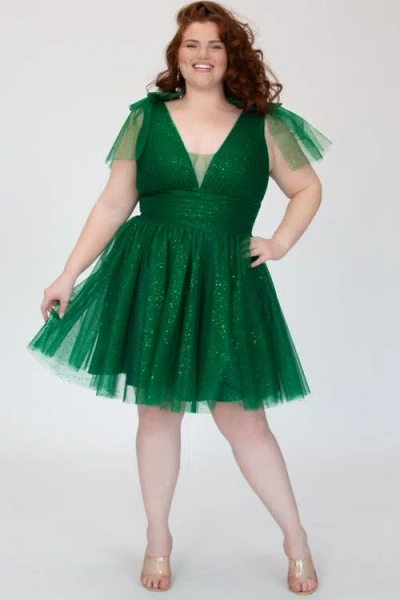 Sydney's Closet Sparkle Tulle Curvy Cocktail Party Dress With Bows In Green