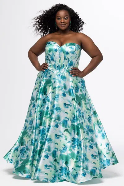 Sydney's Closet Strapless A-line Satin Plus Size Formal Dress In Green Floral