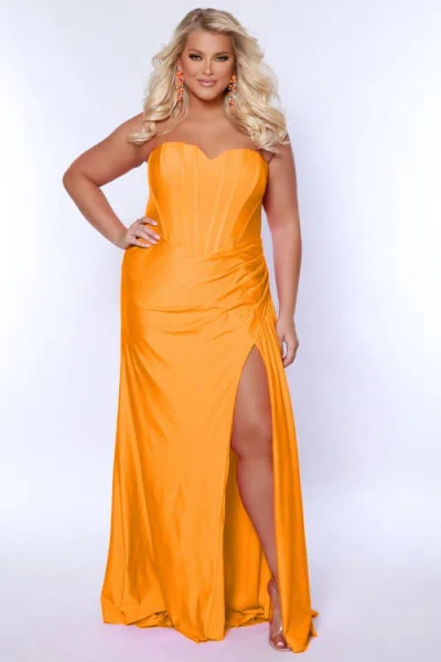 Sydney's Closet Strapless Corset Bodice Sweetheart Neckline Plus Size Gown In Tangerine
