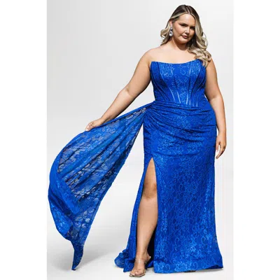 Sydney's Closet Stretch Lace Slim Plus Size Formal Dress In Cobalt