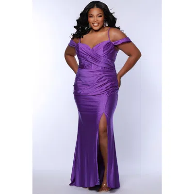 Sydney's Closet Sweetheart Neckline Drape Sleeve Slim Fitted Plus Size Gown In Violet