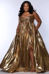 Sydney's Closet Sweetheart Neckline Empire Waistline Plus Size Metallic Gown In Gold