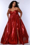 Sydney's Closet Sweetheart Neckline Empire Waistline Plus Size Metallic Gown In Ruby