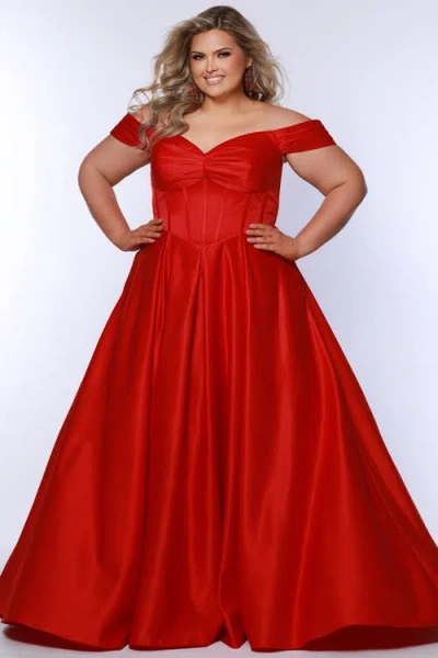 Sydney's Closet Sweetheart Neckline Off The Shoulder Plus Size A-line Gown In Ruby