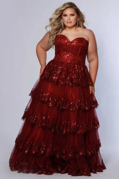 Sydney's Closet Sweetheart Neckline Tiered Plus Size A-line Gown In Burgundy