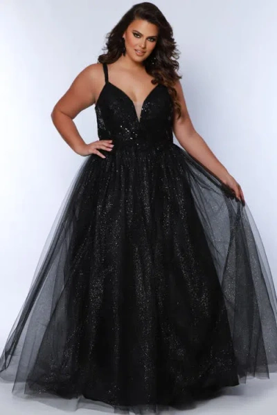Sydney's Closet Tulle A-line V-neck Plus Size Evening Gown In Black