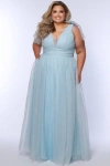 Sydney's Closet V-neckline Bra-friendly Plus Size A-line Gown With Bows In Ice Blue