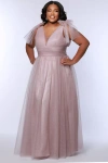 Sydney's Closet V-neckline Bra-friendly Plus Size A-line Gown With Bows In Mauve