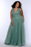 Sydney's Closet V-neckline Bra-friendly Plus Size A-line Gown With Bows In Sage