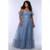 Sydney's Closet V-neckline Flutter Sleeve Slim A-line Plus Size Gown In Dusty Blue