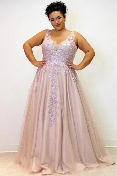 Sydney's Closet Te2313 Prom Long Formal A Line Floral  Plus Size Dress In Pink