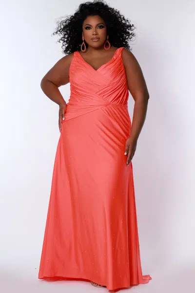 Sydney's Closet Te2318 Pleated Long Formal Prom Plus Size Dress In Orange