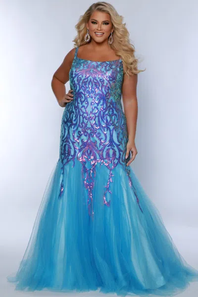 Sydney's Closet Te2409 Prom Plus Size Sequin Long Formal Mermaid Glitter Dress In Blue