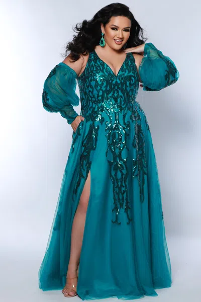 Sydney's Closet Te2443 Plus Size A Line Long Formal Sequin Applique Prom Dress In Blue