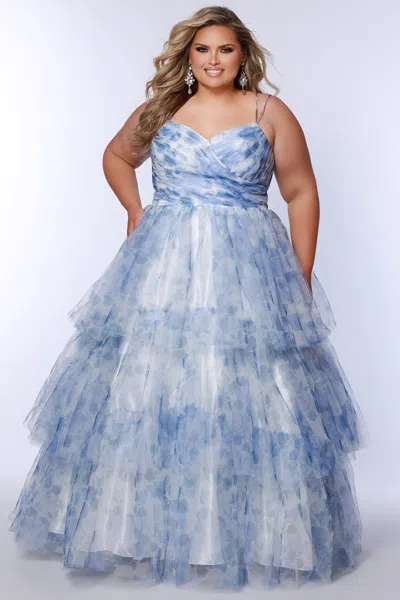 Sydney's Closet Te2525 Plus Size Floral Long Ball Gown Prom Dress In Blue