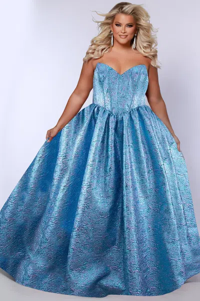 Sydney's Closet Te2538 Plus Size Long Ball Gown Metallic Prom Dress In Blue