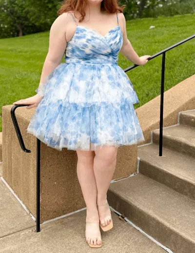 Sydney's Closet Tiered Tulle Short Party Dress In Blue Floral