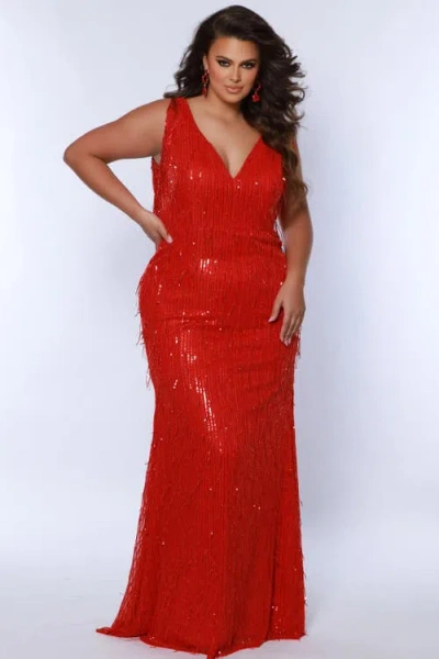 Sydney's Closet Sydneys Closet V-neck Long Fitted Plus Size Sequin Fringe Formal Gown In Cherry