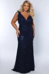 Sydney's Closet Sydneys Closet V-neck Long Fitted Plus Size Sequin Fringe Formal Gown In Navy