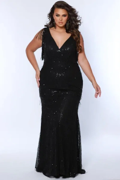 Sydney's Closet Sydneys Closet V-neck Long Fitted Plus Size Sequin Fringe Formal Gown In Onyx