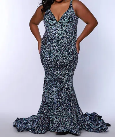 Sydney's Closet V-neck Velvet Sequin Evening Dress In Cosmic In Multi