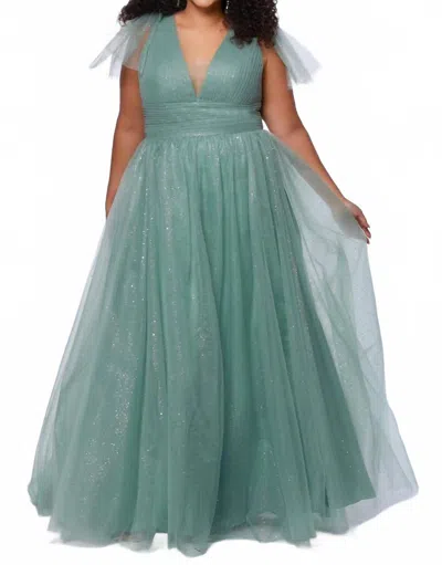 Sydney's Closet V-neckline With Tone-on-tone Mesh Dress In Sage In Multi