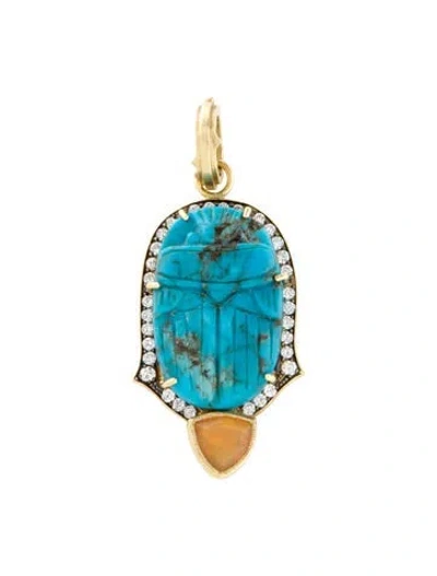 Pre-owned Sylva & Cie 18k Diamond, Turquoise & Opal Scarab Pendant W/ Tags In Multi