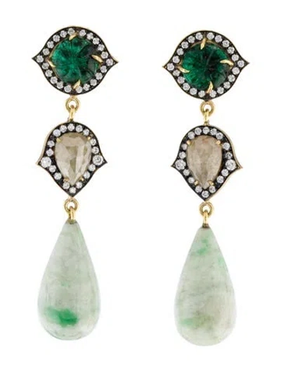 Pre-owned Sylva & Cie 18k Emerald, Jadeite & Diamond Drop Earrings In Multi