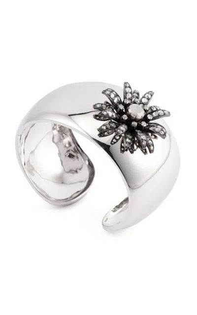 Sylva & Cie 18k White Gold Domed Cuff Bracelet With Antique Flower